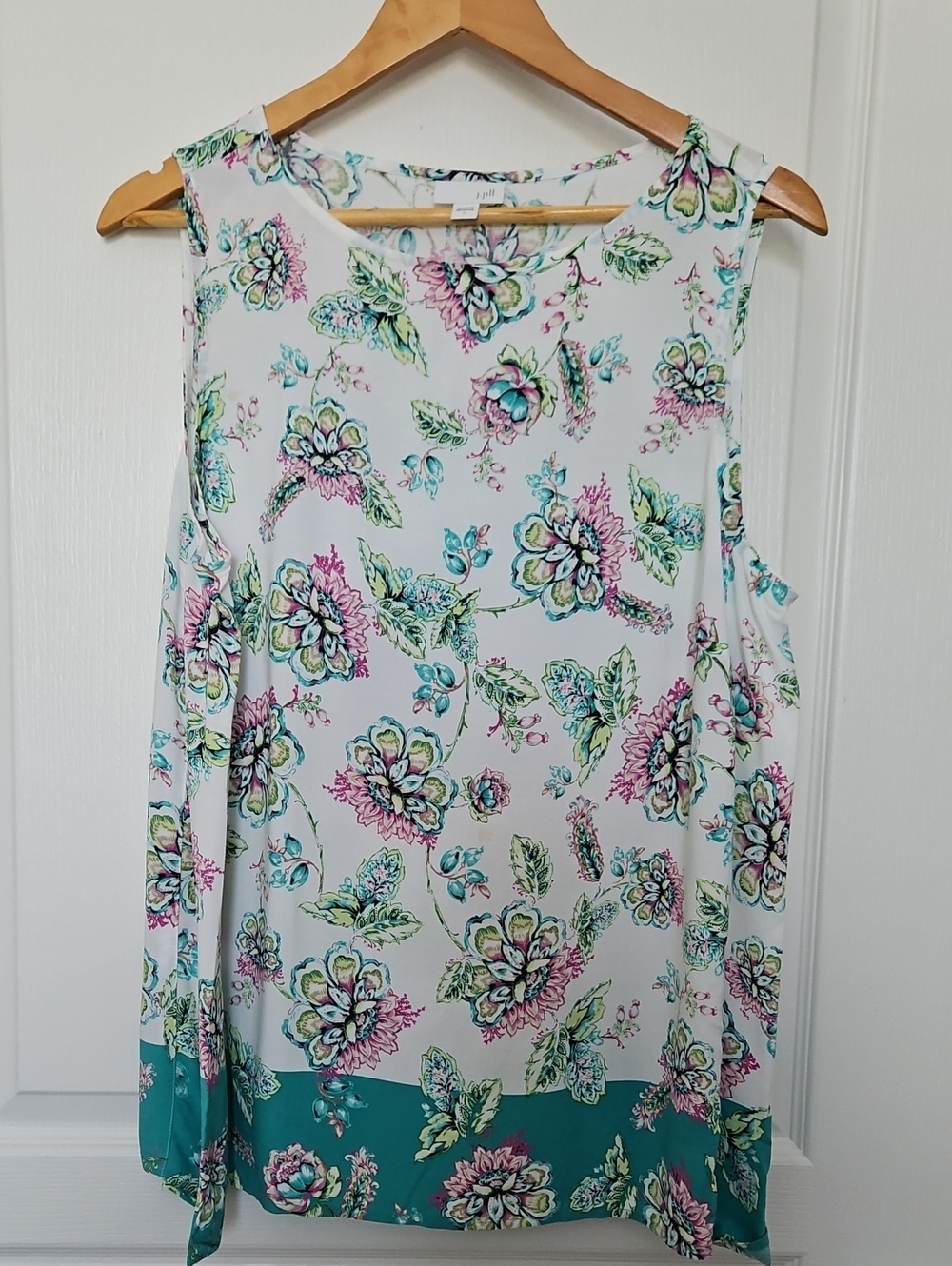 J. Jill White Floral Tank with Teal Hem, Large